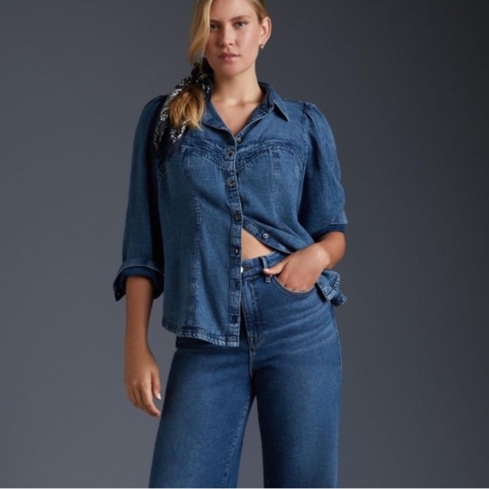 Anthropologie Pilcro 1X Denim Corset Button Up Long Sleeve Shirt Western Rodeo - Picture 6 of 9